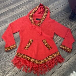 100% Alpaca Wool Hooded Fringe Knit Sweater Orange Size Small